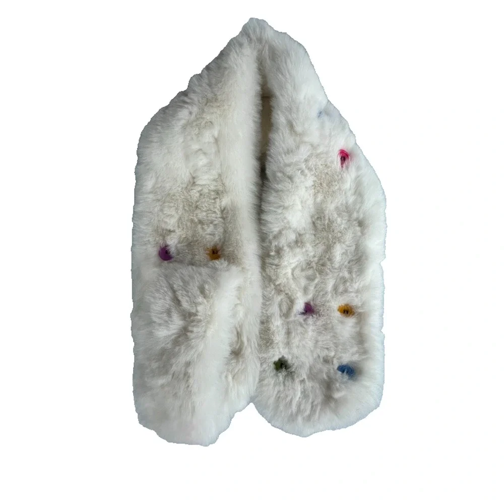 Kids Faux Fur Decorative Button Scarf White